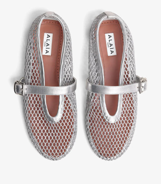 ALAÏ SILVER FISHNET BALLET FLATS