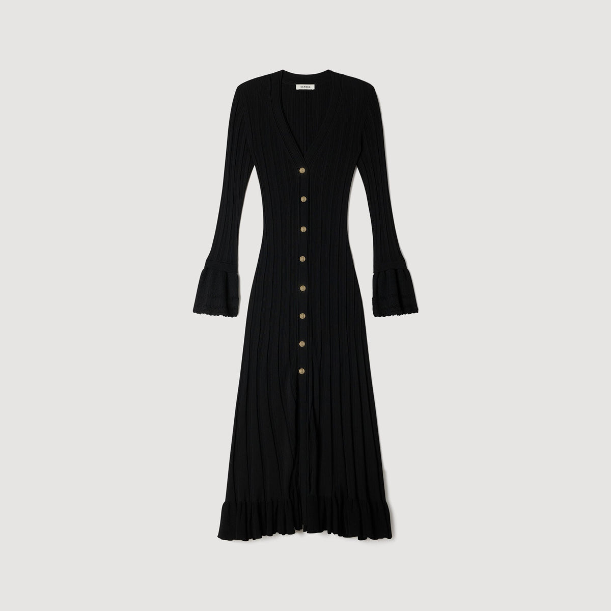 SANDRA LONG KNITTED DRESS WITH RUFFLE BLACK