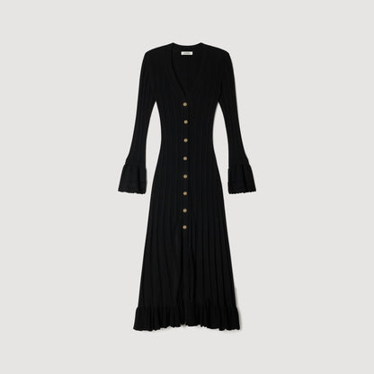SANDRA LONG KNITTED DRESS WITH RUFFLE BLACK