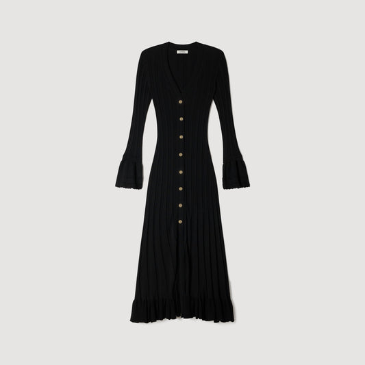 SANDRA LONG KNITTED DRESS WITH RUFFLE BLACK
