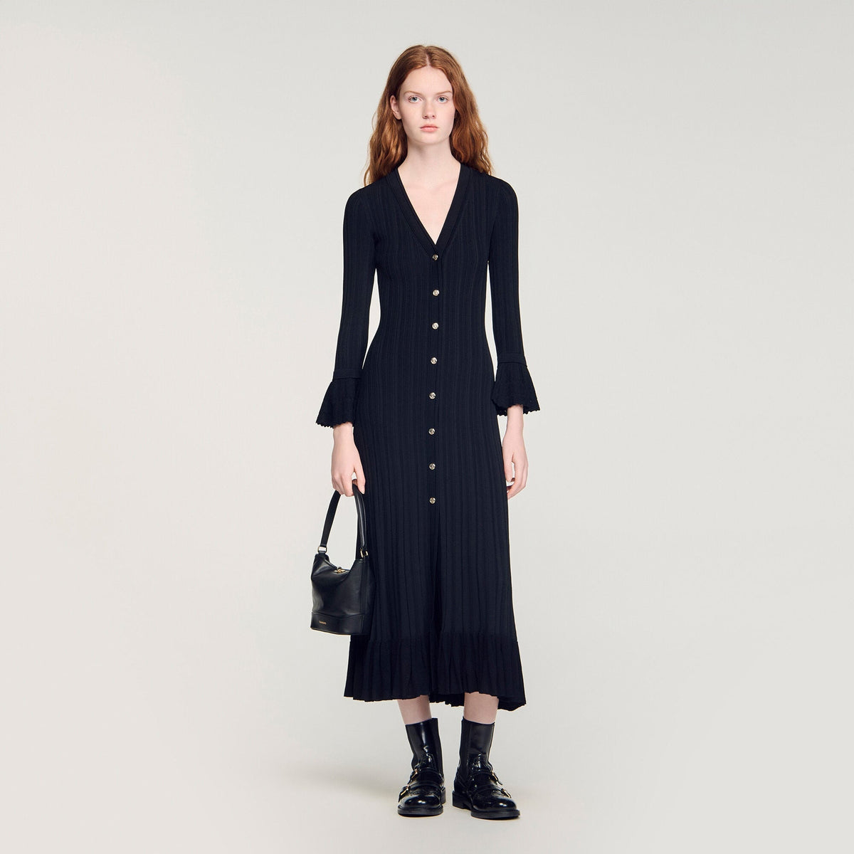 SANDRA LONG KNITTED DRESS WITH RUFFLE BLACK